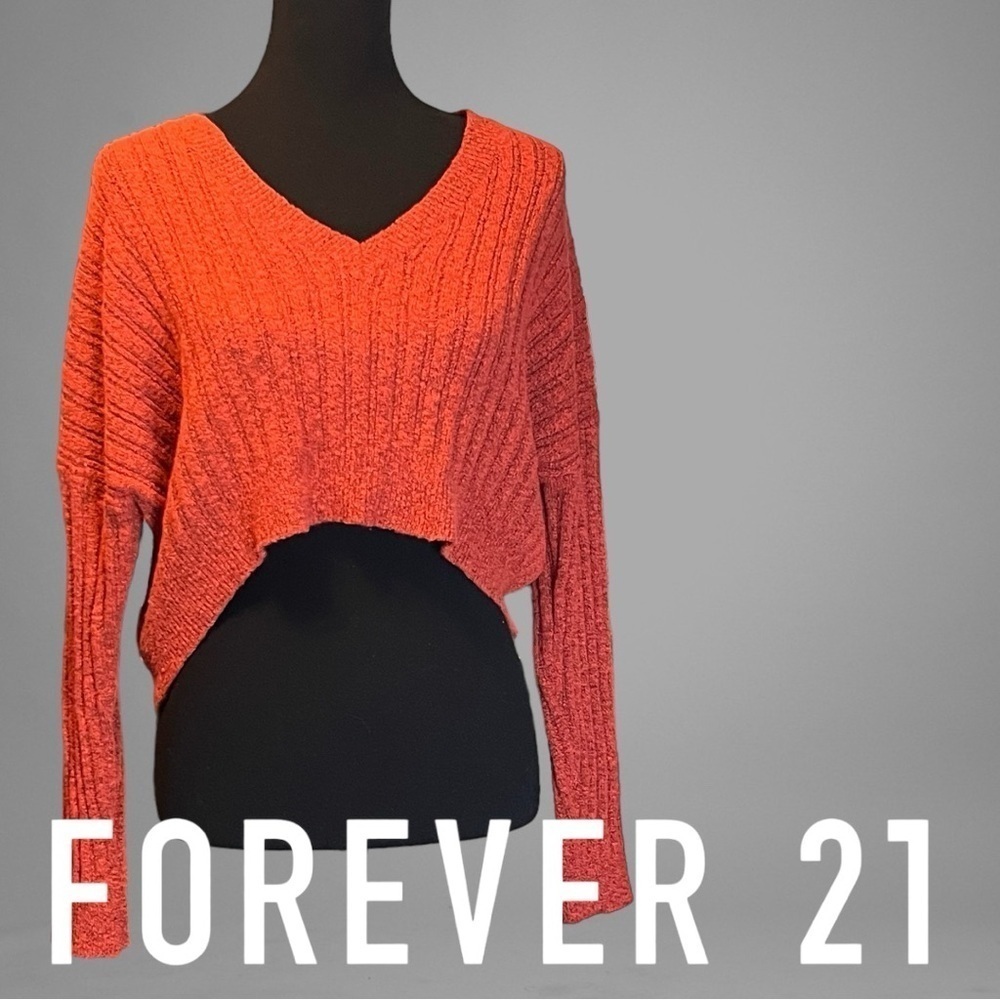 FOREVER 21 Burnt Rust Orange Crop Long Flare Sleeve Sweater Top Sz Medium